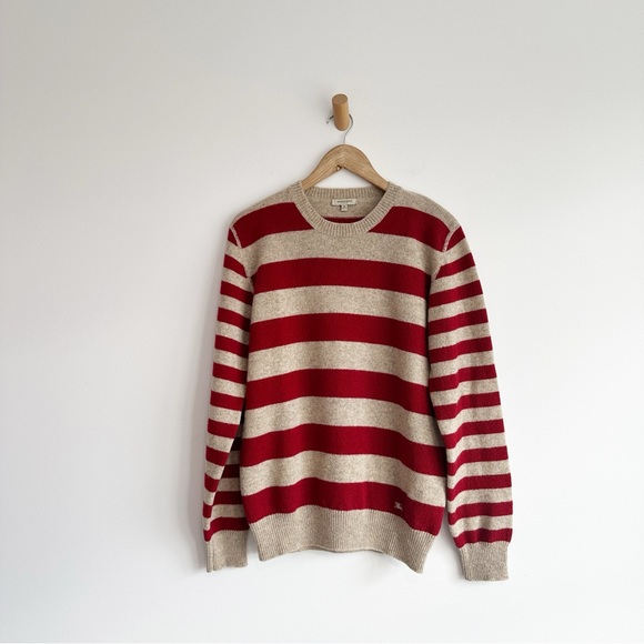 Burberry Men's Shetland Wool Knit Crewneck Sweater Red Tan Stripes